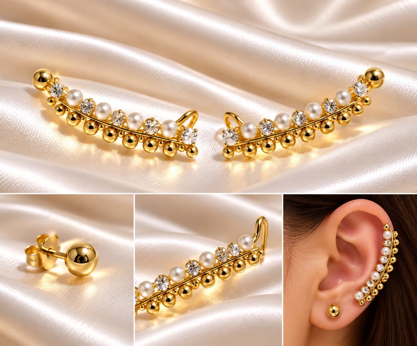 ARETE PINZA CON DETALLE DE PERLAS Y CRISTALES